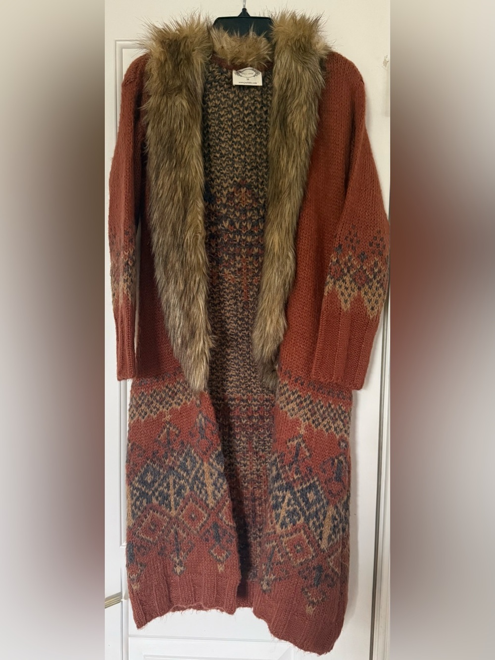 Joyfolie Rust Multi-Pattern Knit Cardigan with Faux Fur Trim